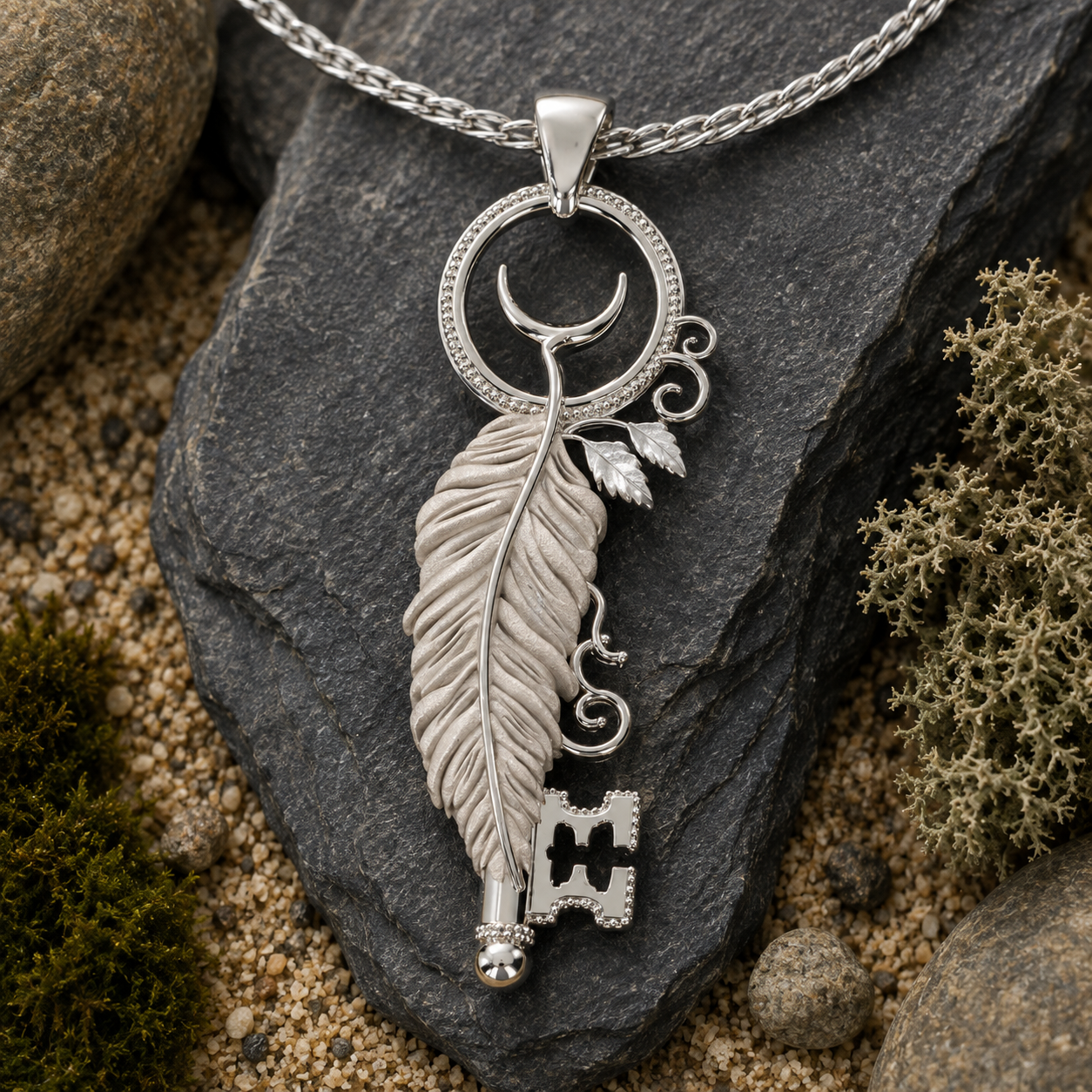 Raven Hekate Key | Sterling Silver Crescent & Feather Necklace