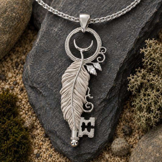 Raven Hekate Key | Sterling Silver Crescent & Feather Necklace