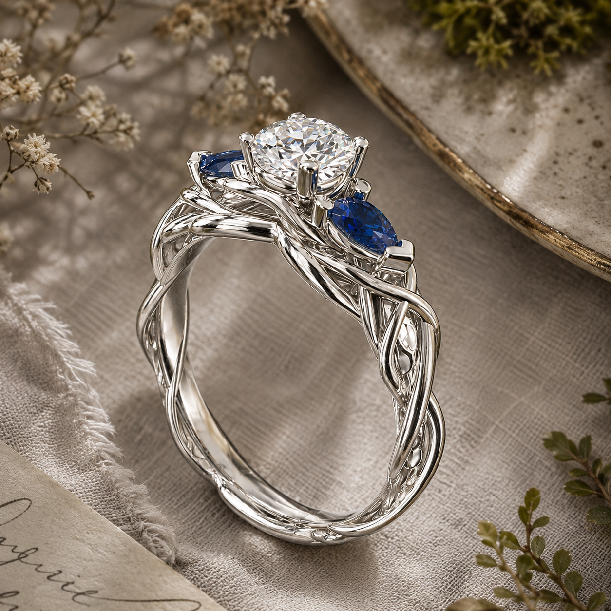 Sapphire Embrace | Sapphire & Diamond Three Stone Ring